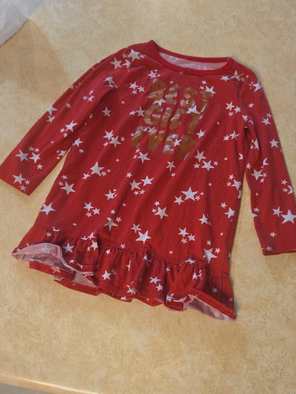 Girl's Red Star-Print Long Sleeve Ruffle Hem Top